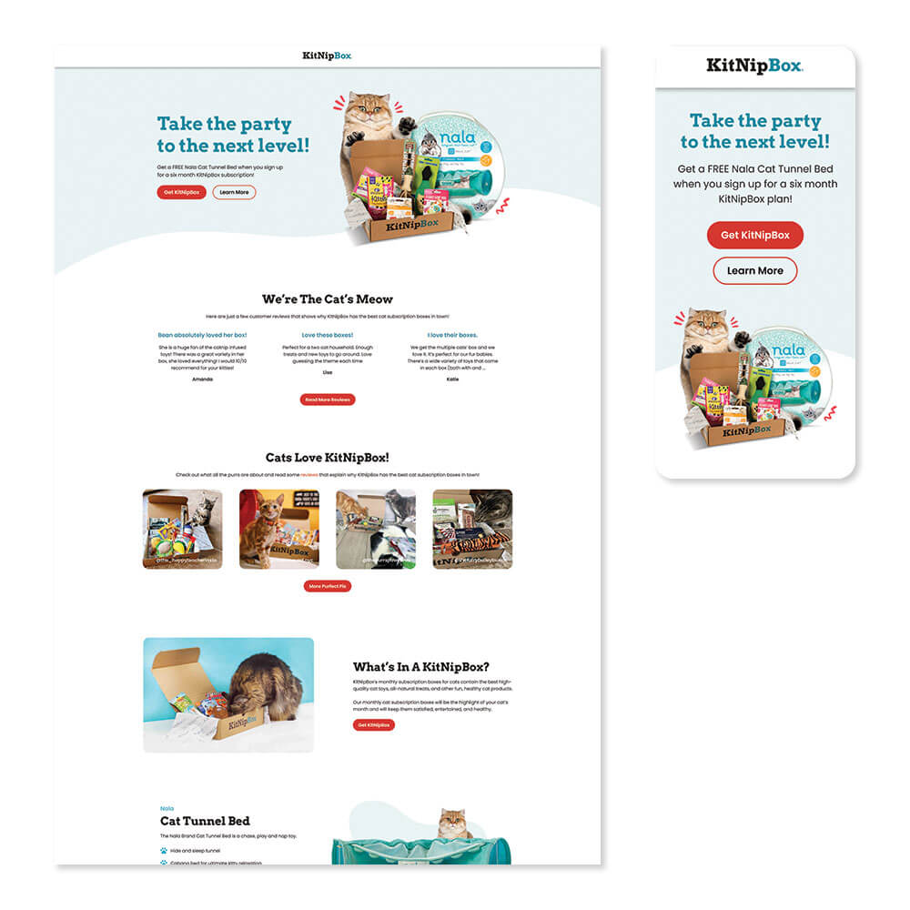 KitNipBox landing page on desktop and mobile