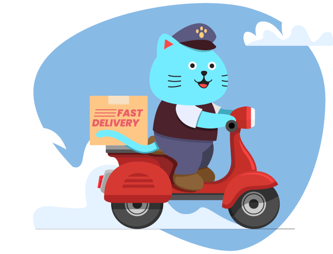 blue cat delivering on a scooter